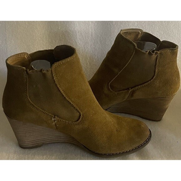 LUCKY BRAND Yamka Leather Suede Wedge Bootie Camel Tan BOOTS Sz 8 Woman’s - Picture 4 of 10